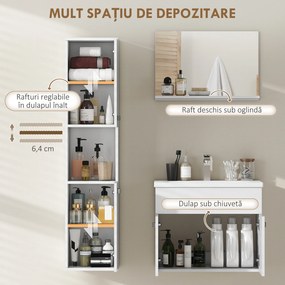 kleankin Set Mobilier Baie 4 Piese cu Lavoar din Ceramică, Dulap de Baie, Coloană de Baie și Oglindă, Alb | Aosom Romania