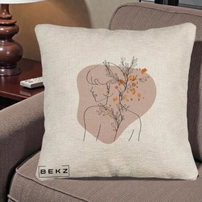 Perna Decorativa Femeie cu Flori Line Art Boho, 40x40 cm, Bej Canapea, Husa Detasabila, Perna Inclusa, BEKZ®