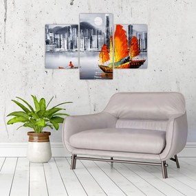 Tablou - Victoria Harbour, Hong Kong, pictură în ulei alb- negru (90x60 cm)