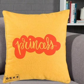 Perna Decorativa Princess Text Roz, 40x40 cm, Galben, Husa Detasabila, Perna Inclusa, BEKZ®