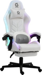 RESIGILAT- Scaun gaming, Masaj cu Role in perna lombara, Boxe bluetooth, sistem iluminare bandă LED RGB, suport picioare, Alb