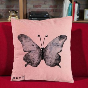 Perna Decorativa Fluture Acuarela Albastru-Gri, 40x40 cm, Roz, Husa Detasabila, Perna Inclusa, BEKZ®