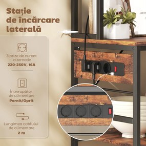HOMCOM Raft de Bucătărie cu Prize și Rafturi Reglabile, Raft pentru Cuptor cu Microunde cu 5 Niveluri, Panou cu Grilaj și 10 Cârlige, Mobilier Vintage Structură din Oțel, 80x40x170 cm, Maro Rustic | Aosom Romania