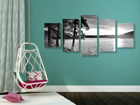 Tablou 5-piese apus de soare deasupra lacului în design alb-negru