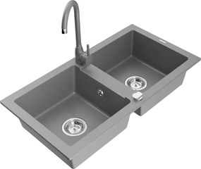 Mexen Mario chiuvetă de granit cu 2 compartimente și baterie de bucătărie Telma, gri - 6504-71-670200-71