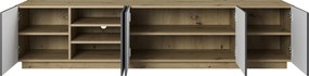 Comodă TV Asha 200 cm, cu 5 uși și fronturi riflate – stejar artisan / rivier stone mat