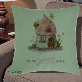 Perna Decorativa Home Sweet Home Casuta, 40x40 cm, Verde, Husa Detasabila, Perna Inclusa, BEKZ®