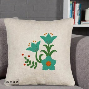 Perna Decorativa Flori Stilizate Folk Turcoaz, 40x40 cm, Bej Canapea, Husa Detasabila, Perna Inclusa, BEKZ®