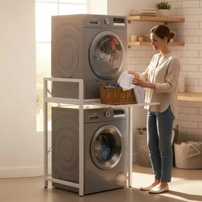 Suport raft pentru mașină de spălat și uscător cu sertar,alb