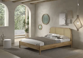 Pat pentru adolescenți OLIVE, 160 x 200 cm, cu tăblie rotunjită din rattan și finisaj lemn de stejar, design modern, fără somieră inclusă – Vipack