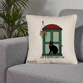 Perna Personalizata Life is Better with a Cat Geam, 40x40 cm, Bej Canapea, Husa Detasabila, Perna Inclusa, BEKZ®