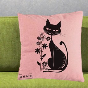 Perna Decorativa Pisica Neagra Grafica Minimalista, 40x40 cm, Roz, Husa Detasabila, Perna Inclusa, BEKZ®
