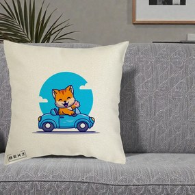 Perna Decorativa Pisica in Masinuta, 40x40 cm, Ecru, Husa Detasabila, Perna Inclusa, BEKZ®