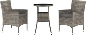 vidaXL Set bistro de grădină cu perne, 3 piese, gri, poliratan