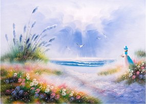 Tablou pe sticlă - Plaja romantică, pictură în ulei (70x50 cm)