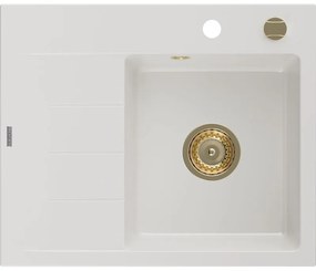Mexen Ben chiuvetă granit cu 1 compartiment și scurgător, dreapta 600 x 500 mm, alb, sifon auriu - 6523605000-20-G