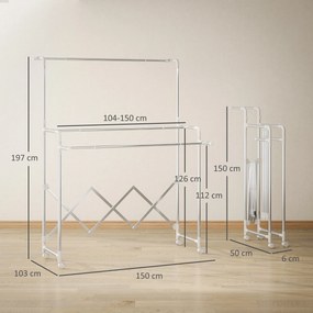 HOMCOM Uscător de Rufe Pliabil cu 3 Bare Reglabile, Uscător Vertical cu Roți Pivotante și Cadru din Oțel Inox, Uscător pentru Acasă și Spălătorie, Argintiu | Aosom Romania