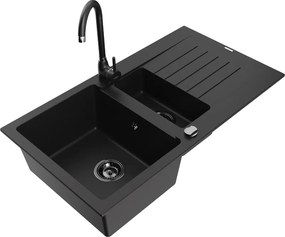 Mexen Matias chiuvetă din granit cu 1,5 compartimente cu picurător și baterie de bucătărie Telma, negru - 6502-77-670200-70-B