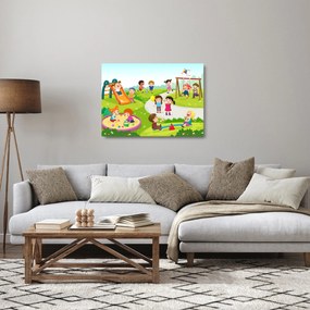 Tablou pe sticlă cu bucuriile copiilor în nisip (70x50 cm)