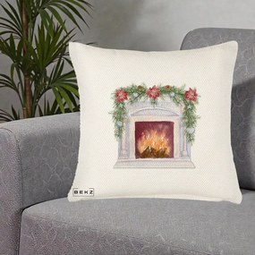 Perna Decorativa Semineu de Craciun Watercolor, 40x40 cm, Crem Reliefat, Husa Detasabila, Perna Inclusa, BEKZ®