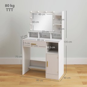 HOMCOM Coafură cu oglindă și 10 lumini LED, luminozitate reglabilă, sertar, dulap și rafturi deschise, 80x40x135cm, alb | Aosom Romania