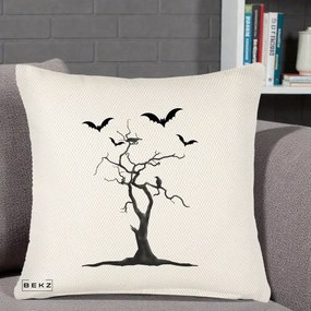 Perna Decorativa Halloween Copac cu Lilieci Alb-Negru, 40x40 cm, Crem Reliefat, Husa Detasabila, Perna Inclusa, BEKZ®