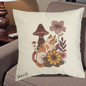 Perna Decorativa Pisica Vintage Florala Boho, 40x40 cm, Ecru, Husa Detasabila, Perna Inclusa, BEKZ®