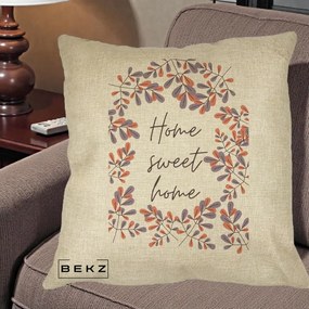 Perna Decorativa Home Sweet Home Frunze Colorate, 40x40 cm, Crem, Husa Detasabila, Perna Inclusa, BEKZ®