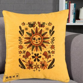 Perna Decorativa Soare Boho Folk Fluturi, 40x40 cm, Galben, Husa Detasabila, Perna Inclusa, BEKZ®