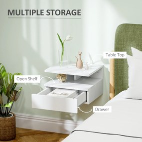HOMCOM Noptieră Suspendată cu Sertar și Raft Superior din Lemn, 35x32x22,5 cm, Alb | Aosom Romania