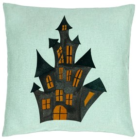 Perna Decorativa cu motiv de Halloween 6, 40x40 cm, Verde Menta, Husa Detasabila, Burduf