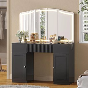 SEA816 - Set Masa toaleta 105 cm, cosmetica, machiaj, oglinda cu LED, masuta vanity, make-up - Alb / Negru