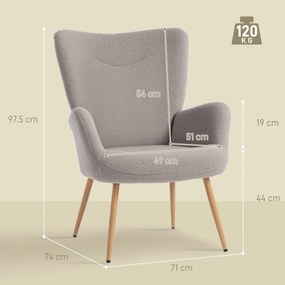 Fotoliu Modern Imbottito de Sufragerie HOMCOM, Fotoliu de Dormitor în Țesătură Sherpa cu Spătar Înalt și Brațe, Fotoliu Relax cu Cadru din Oțel pentru Sufragerie, Gri Deschis | Aosom Romania
