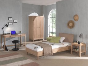 Set Complet Mobilier Camera Copii Forrest Oak, Pat 90x200 cm cu Tăblie Textilă, Dulap cu 2 Uși, Noptieră și Birou, din Lemn de Stejar, Natur – Vipack