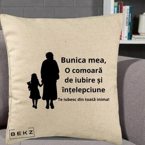 Cadou pentru Bunica - Perna Personalizata Bunica Mea Comoara Iubire Intelepciune Silueta, 40x40 cm, Bej, Husa Detasabila, Perna Inclusa, BEKZ®