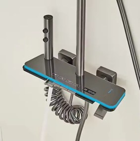 Coloană de duș termostat, afișaj digital, lumină LED ambientală, 4 funcții, butoane ca de pian, cap duș dreptunghiular, efect de ploaie, montare pe perete, 6002