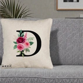 Cadou Personalizat - Perna Personalizata Monograma Florala Litera D, 40x40 cm, Bej Canapea, Husa Detasabila, Perna Inclusa, BEKZ®