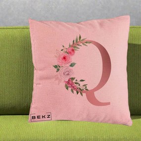 Cadou Personalizat - Perna Personalizata Monograma Rose Gold Litera Q, 40x40 cm, Roz, Husa Detasabila, Perna Inclusa, BEKZ®