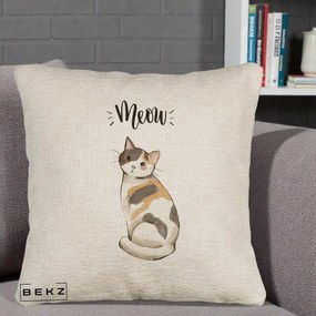 Perna Personalizata Pisica Meow Acuarela, 40x40 cm, Bej Canapea, Husa Detasabila, Perna Inclusa, BEKZ®