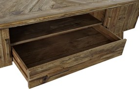 Comodă TV living din lemn reciclat, natur, cu 2 uși, 1 sertar, nișă deschisă și picioare oblice cu traversă, 60 x 180 x 45 cm, „Auburn”