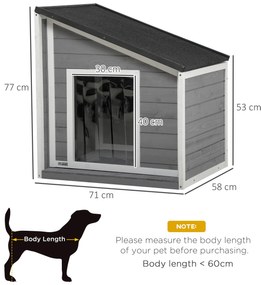 PawHut Hundehütte din lemn masiv, rezistent la intemperii, acoperiș din șindrilă, 71 cm x 58 cm x 77 cm, Gri + Alb | Aosom Romania