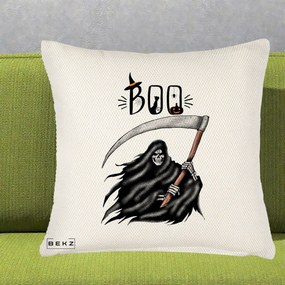 Perna Decorativa Halloween Boo Grim Reaper cu Coasa, 40x40 cm, Crem Reliefat, Husa Detasabila, Perna Inclusa, BEKZ®