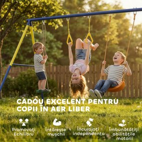 AIYAPLAY Set Leagăn de Grădină 3 în 1 pentru Copii cu Leagăn în Picioare, Inele Gimnastice, Cadru A din Oțel, Leagăne Duble pentru Copii, Capacitate 150kg, Exterior, 3-8 Ani, 285x160x181 cm | Aosom Romania