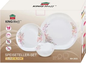 Set de masă Kinghoff KH 2035, 18 piese, pentru 6 persoane, sticlă opală, motiv floral, alb