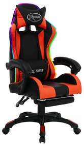 Scaun de jocuri cu LED RGB, portocaliu si negru, piele eco Portocaliu si negru, Cu suport de picioare, 1