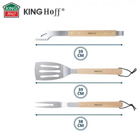 Set 3 ustensile BBQ Kinghoff KH 1918, Spatula, Spatula, Furculita, Manere din lemn, Orificiu pentru agatat, Inox / Maro