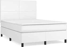 vidaXL Pat box spring cu saltea, alb, 140x190 cm, piele ecologică