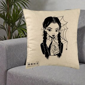 Perna Personalizata Wednesday cu Panza de Paianjen, 40x40 cm, Bej, Husa Detasabila, Perna Inclusa, BEKZ®