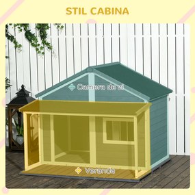 PawHut Casuță din Lemn de Exterior pentru Câini, Cușcă pentru Câini cu Terasă, Fereastră și Acoperiș Impermeabil, 124x112x105 cm, Gri | Aosom Romania