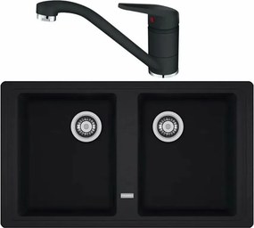 Set chiuveta bucatarie compozit Franke Basis 2 cuve fara picurator 86x50 cm finisaj negru mat cu baterie Novara Plus